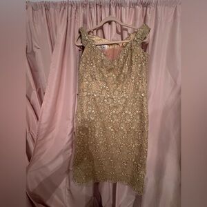 NWOT Liancarlo couture gold lace dress 14 Neiman Marcus sheath midi cocktail